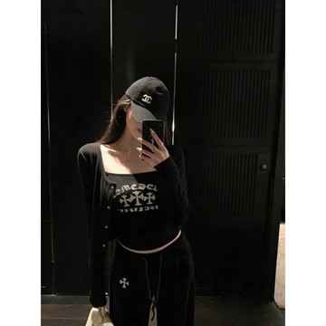 【台灣出貨/Z.Zebra】預購🖤韓國字母燙鑽背心外套長褲套裝 三件套 抹胸 平口背心 裹胸 上衣 開衫 褲子 十字架