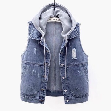 La Belleza灰色連帽抽繩可拆雙口袋割破抓鬚排釦雪花色長版牛仔背心