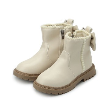 DOOK 滾邊小毛球後蝴蝶結靴 米 中大童鞋