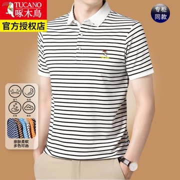 啄木鳥男士純棉T恤翻領休閑半袖寬松條紋中年爸爸短袖高端POLO衫