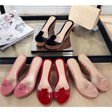 2025夏季新款坡跟透明拖鞋女高跟防水臺三角結古早花朵外穿涼拖鞋