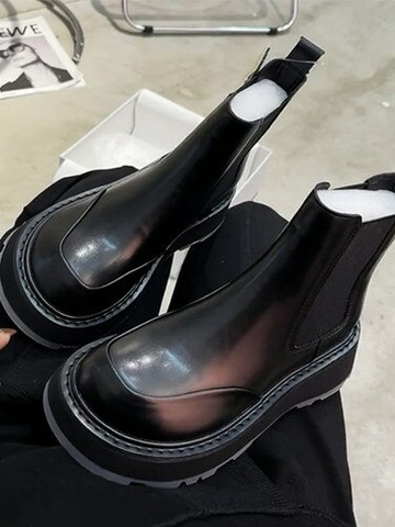 免運~歐洲站2024秋冬新款真皮圓頭松糕厚底切爾西短靴休閒百搭馬丁靴女