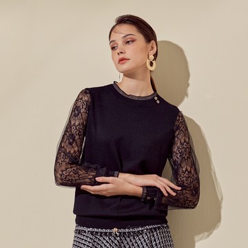 CLL巧玲瓏 蕾絲鏤空花紋拼接針織衫 1188708