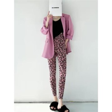 韓國專柜豹紋鯊魚皮加絨加厚打底褲女外穿高腰健身瑜伽褲子冬新款