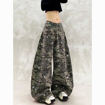 【美式復古】迷彩燙鑽闊腿彎刀工裝褲 女裝 寬鬆百搭 顯瘦垂感 拖地長褲 男 工裝褲 長褲