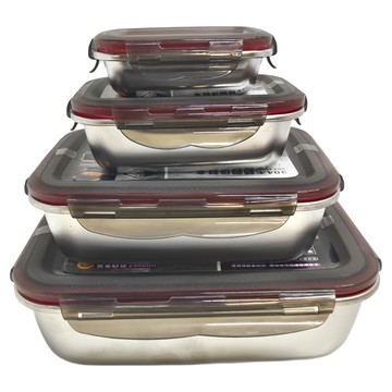 304不鏽鋼長方形趣味保鮮盒 密封設計 四面環扣  4件  1組