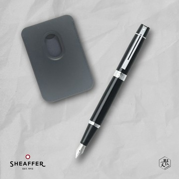 客製化刻字【SHEAFFER】300系列黑桿銀夾鋼筆-F尖+手機磁性卡夾禮盒(原廠正貨)
