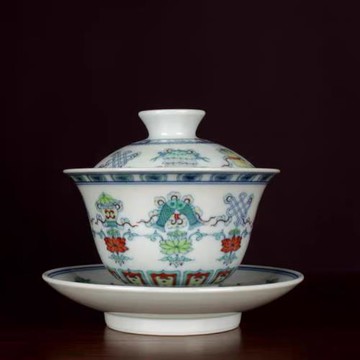 在溪珍藏青花斗彩手繪吉祥八寶紋三才蓋碗茶具景德鎮仿古玩陶瓷器