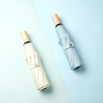 簡約復古木手柄黑膠純色遮陽傘防紫外線三折疊太陽傘雨傘男女