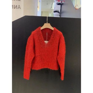 歐貨小眾設計感時尚紅色v領打底衫軟糯復古溫柔風毛衣慵懶上衣冬