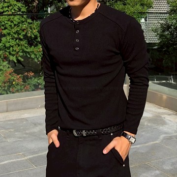 正韓肌肉款羅紋雙肩剪裁亨利領長袖上衣 2色 YUPPIE 預購商品 0915