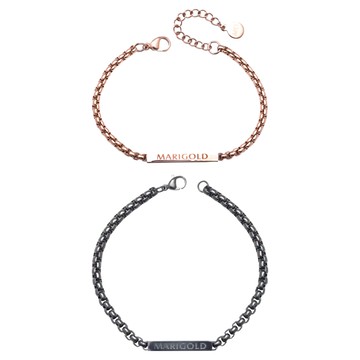 MARIGOLD 美爾朵 語言的浪漫 1 + 1 4種幸福語言情侶手鍊禮盒 1盒 男款20.5cm 女款14.5cm 延長鍊:男款無/女款4cm  男款20.5cm 女款14.5cm 延長鍊:男款無/女款4cm  女款玫瑰金 + 男款黑色
