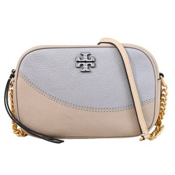 TORY BURCH 品牌經典LOGO撞色皮革斜背包/相機包(淺褐/灰)