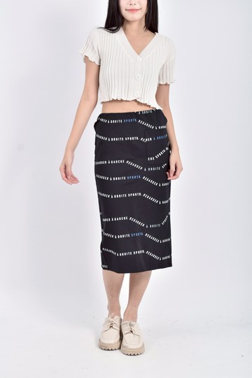 (S) sport b質感滿版印花鬆緊腰黑色長裙