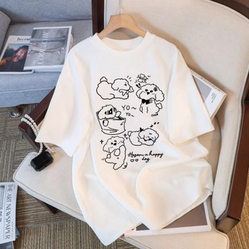 夏季白色卡通短袖美式複古 女生上衣 印花寬鬆情侶短袖T恤上衣夏慵懶風 男生短袖 oversize韓版短T