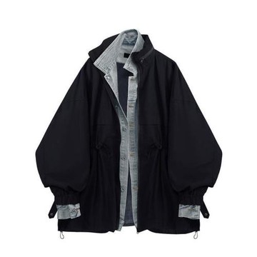 設計感連帽拼接牛仔外套男女情侶春秋韓版復古休閑風衣大碼300斤