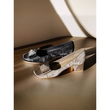 羊皮粗跟女蝴蝶結高跟鞋方頭設計感水鉆瑪麗珍單鞋新中式性感禮儀