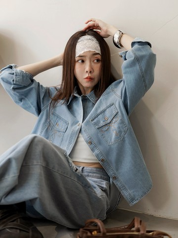 寬鬆雙口袋棉質牛仔襯衫上衣