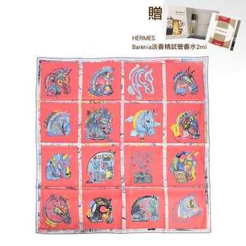 HERMES Chevaloscope 趣味百變造型馬頭方形絲巾-胭脂粉/天空藍