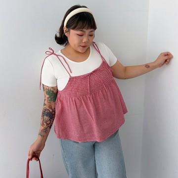 LULUS/PLUS/中大尺碼/兩件式清新格紋綁帶罩衫+白T３色【A01260632】260812
