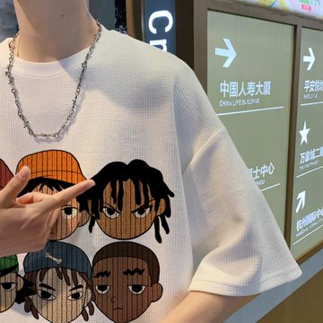 歐美街頭華夫格短袖t恤男士潮牌ins美式潮流嘻哈高街夏季寬松體恤