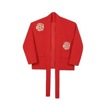 春季小眾重工刺繡炸街紅色西服套裝男設計感復古闊腿長褲兩件套潮