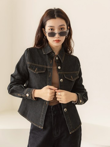 棉質牛仔拼接口袋短版襯衫外套