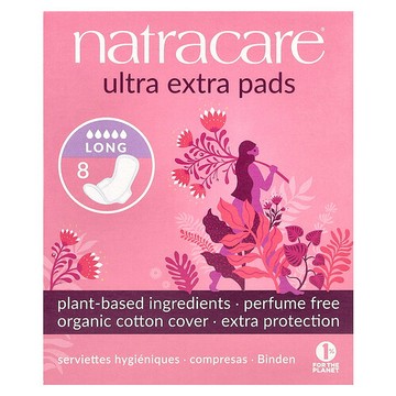 Natracare, 超級衛生巾，有機棉套，加長，8 片