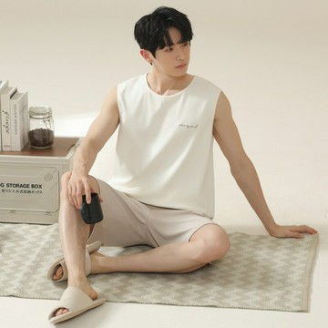沛妍睡衣男士夏季純棉無袖背心短褲男款加肥加大碼萊卡棉薄家居服鑫弘-衣錦男裝