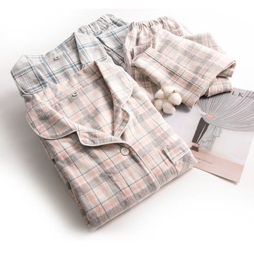 秋冬新款純棉磨毛單股絨情侶簡約格紋男女長袖全棉休閑睡衣套裝