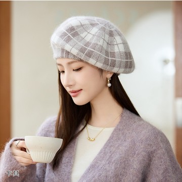 【梨花HaNA】限時加贈圍脖一條 法式格紋仿羊毛質感貝雷帽