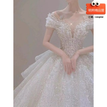 【在逃公主】主婚紗 一字肩婚紗 新娘婚紗 重工婚紗 公主裙 小個子婚紗 高級緞面 2025新款 顯瘦收腰 長拖尾設計