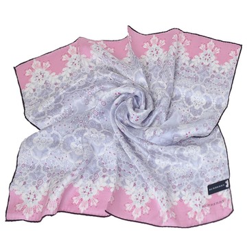 BURBERRY 巴寶莉  優雅幾何圖騰品牌字母LOGO蠶絲大帕領巾(灰紫/粉紅系/58CM)