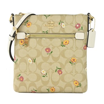 COACH ROWAN 簡單拉鍊花朵印PVC扁斜背包(卡其白)