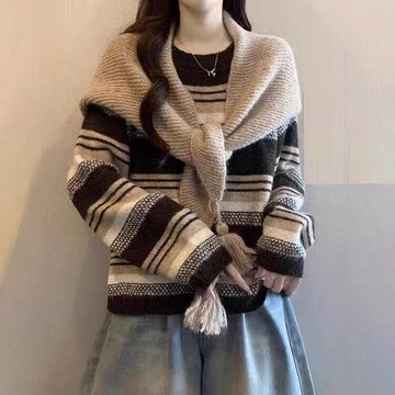 【百搭系列】抹茶布朗尼條紋寬鬆毛衣附披肩