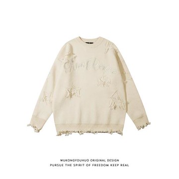 悟空有貨破爛圓領小眾針織衫刺繡