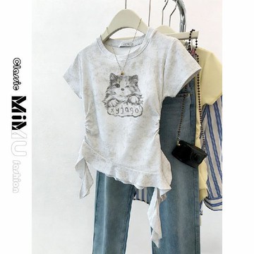 【MIMU】短袖T恤女 【人棉260克/扎染】小貓短袖t恤夏季新款不規則荷葉邊上衣