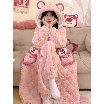 睡袍加厚加絨可愛睡衣女冬款珊瑚絨三層夾棉法蘭絨家居服套裝冬季