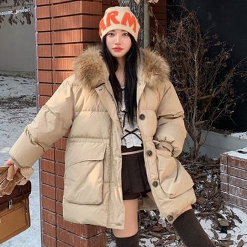 [米蘭精品] 現貨+預購 頂級真羽絨外套90%鴨絨羽絨衣秋冬外套上衣大碼休閒女裝-貉子毛連帽工裝4色74mw58