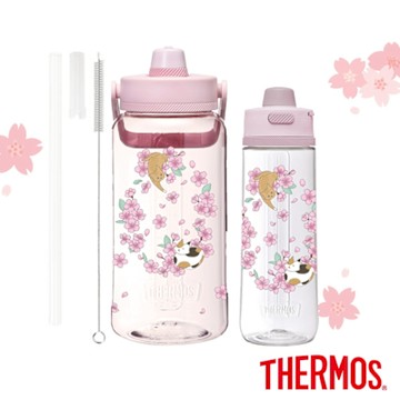 THERMOS膳魔師櫻花貓咪附吸管組輕水瓶2000ml+輕水瓶710ml(超值組)