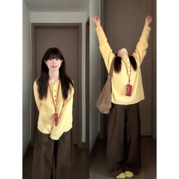 小個子復古奶黃色圓領套頭毛衣女秋季初冬慵懶寬鬆休閒長袖針織上衣小隻女穿搭 矮個子