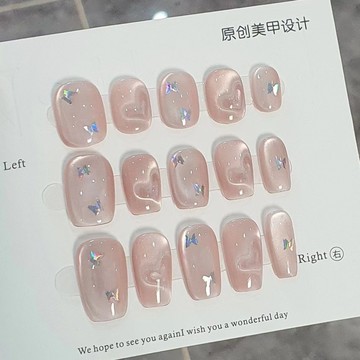 ✨台灣出貨✨純手工穿戴美甲貓眼愛心蝴蝶短款新款手黑顯白定制可拆卸指甲貼片