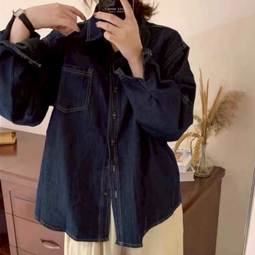 復古polo領單排扣洗水仿牛仔襯衫外套