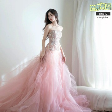 【仙氣高級感】敬酒服 晚禮服 婚紗 宴會禮服 演出服 主持人禮服 新娘結婚禮服 粉色緞面 修身顯瘦 長款拖尾 浪漫優雅