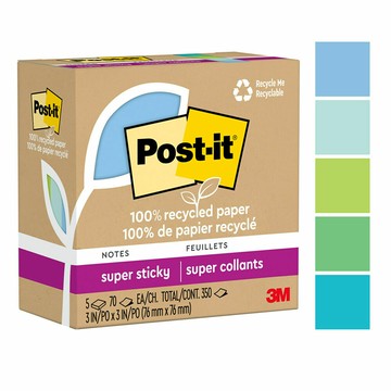 3M Post-it 利貼 狠黏 環保便條紙 76x76mm（70張 /本）混色5本 /盒 654R-5SST｜領券最高折$220