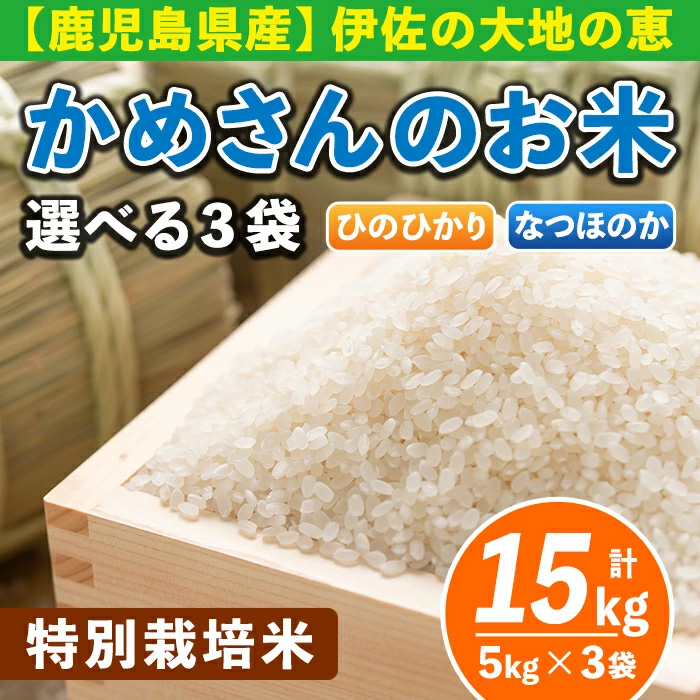 B5-01 選べる！かめさんのお米(計15kg・5kg×3袋) 令和5年産 新米  ひのひかり、なつのほか2品種の伊佐米から3袋