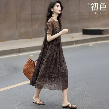 初色 韓系假兩件圓領短袖拼接肌理感花紋中長裙連衣裙連身洋裝長裙-咖啡色-50665(M-2XL可選)