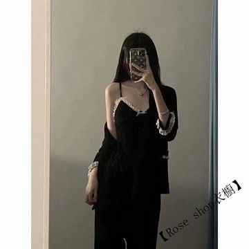 【臺灣出貨】🍋帶胸墊-韓系高級感吊帶睡衣女春秋三件套網紅夏季新款甜美開衫長褲家居服 睡衣女 夏季睡衣 居家服 韓版睡衣