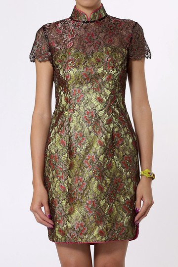 花卉襯蕾絲花邊旗袍 - 黃色