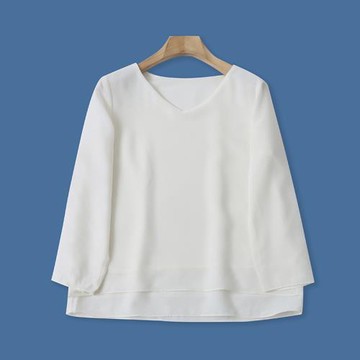 1Q/30/34日單春季新款外貿女裝時尚寬松V領套頭七分袖雪紡上衣